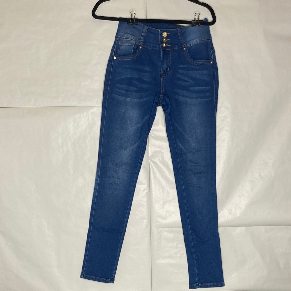 High-Waist Skinny Jeans — Deep Blue Stretch Denim